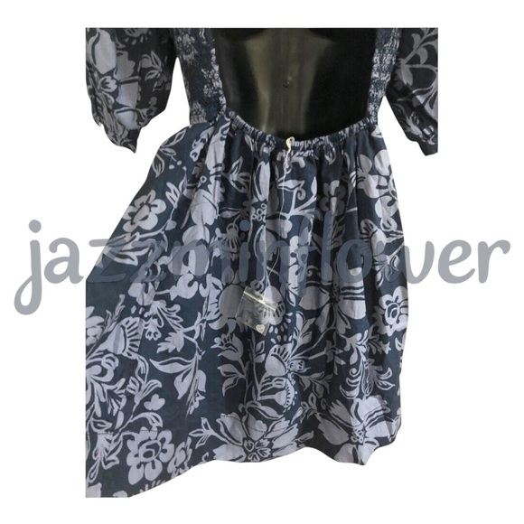 Free people dark navy blue dear delilah puff sleeve smocked babydoll mini dress - Picture 14 of 16